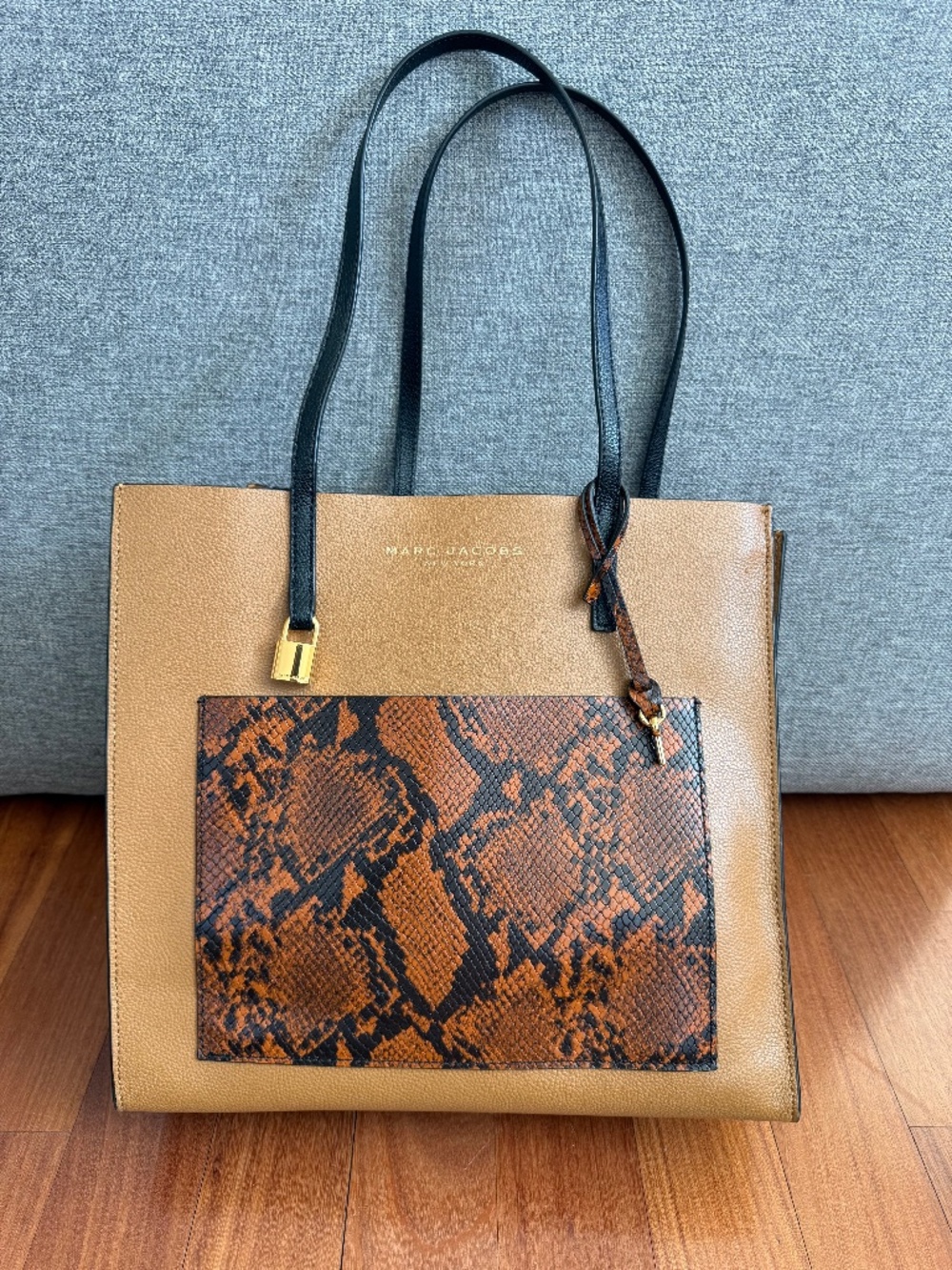 Marc Jacobs Grind Leather Tote with Snake Print Front Pocket